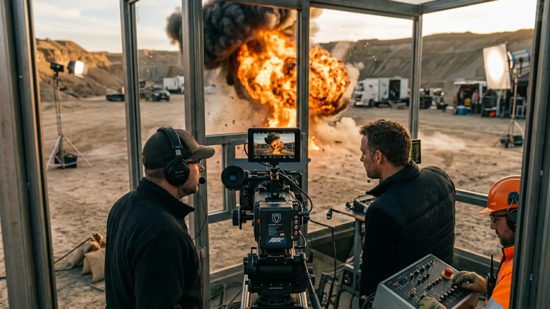Practical SFX explosion on a film set captured in camera