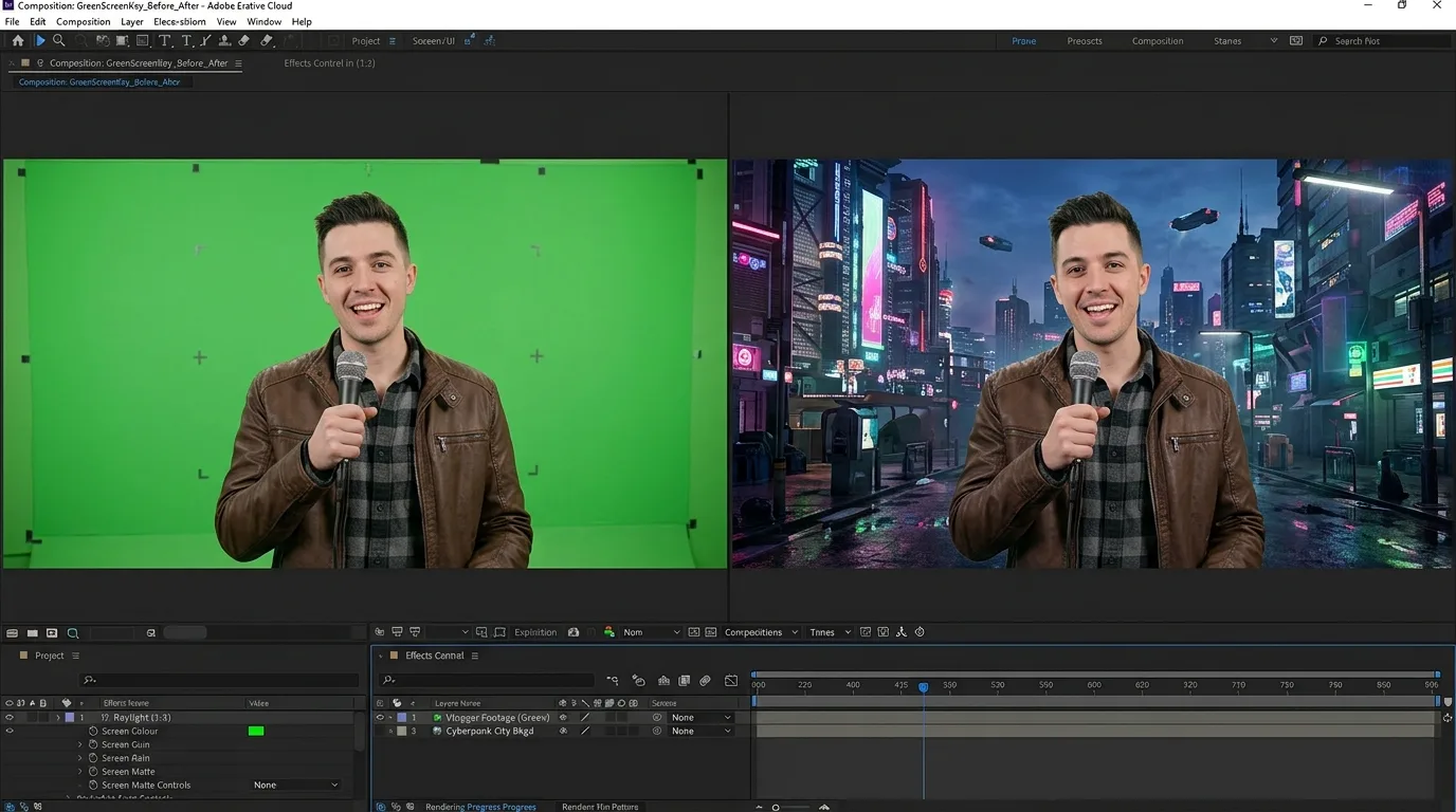 VFX green screen compositing before and after in After Effects
