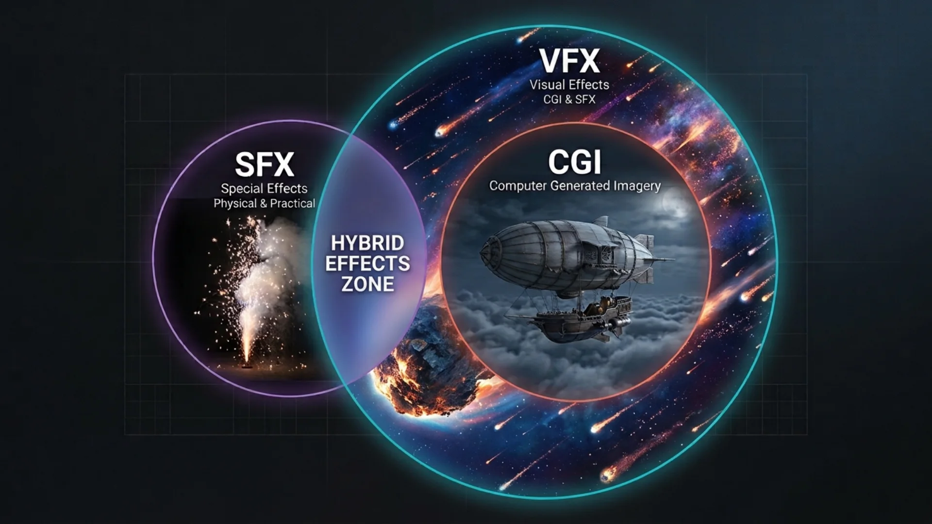 VFX vs CGI vs SFX diagram showing CGI as part of VFX and SFX as practical effects