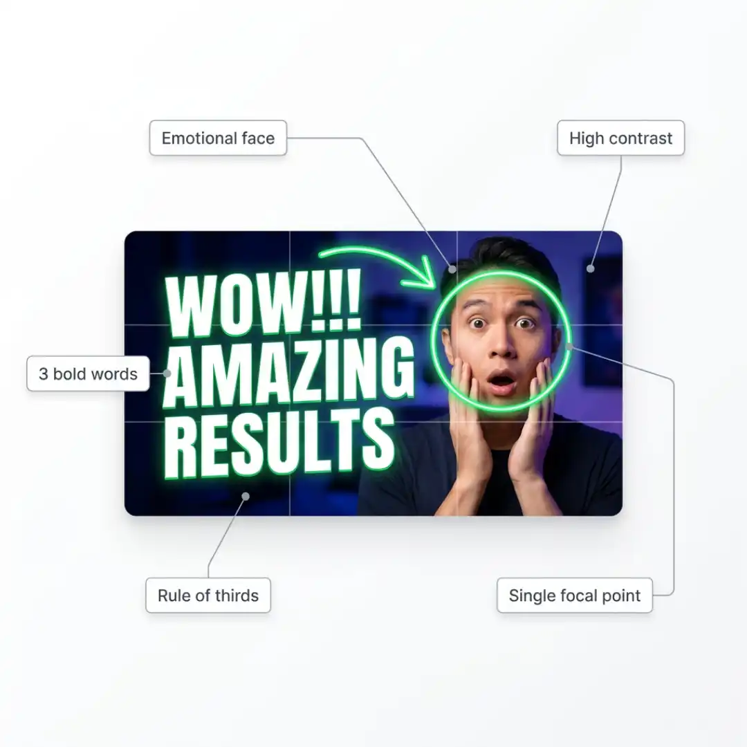 Diagram labeling the design elements of a high click-through-rate YouTube thumbnail