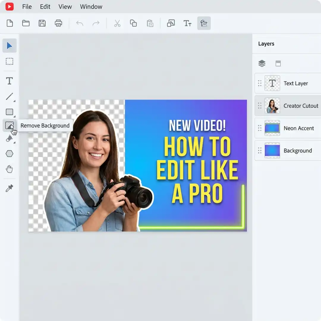 Designing a YouTube thumbnail with background removal and bold text in an editing app