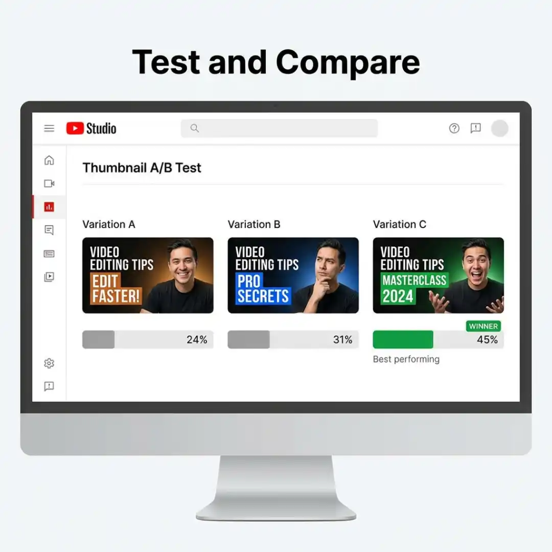 YouTube Studio Test and Compare screen showing three thumbnail variations being A/B tested