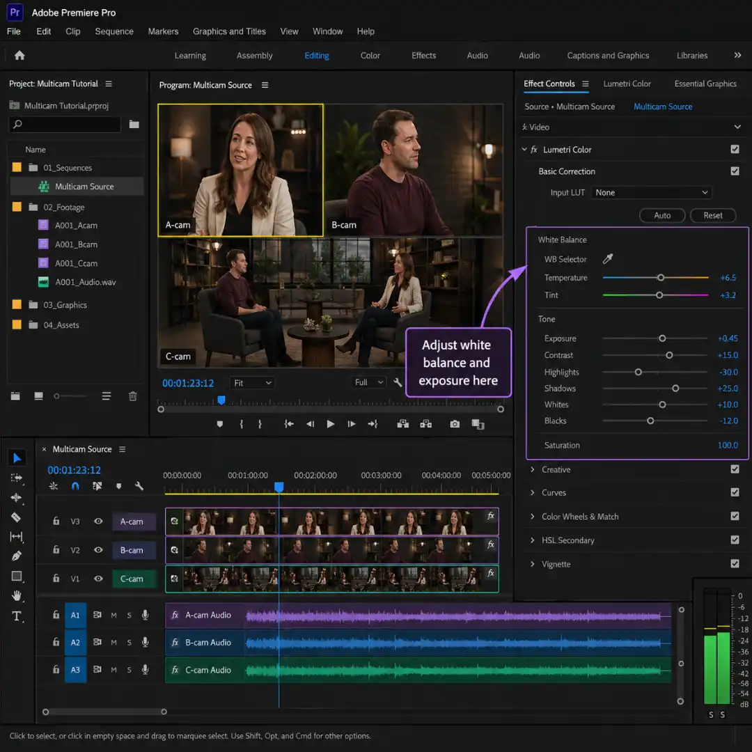 The multicam source sequence open in the timeline with three camera tracks visible