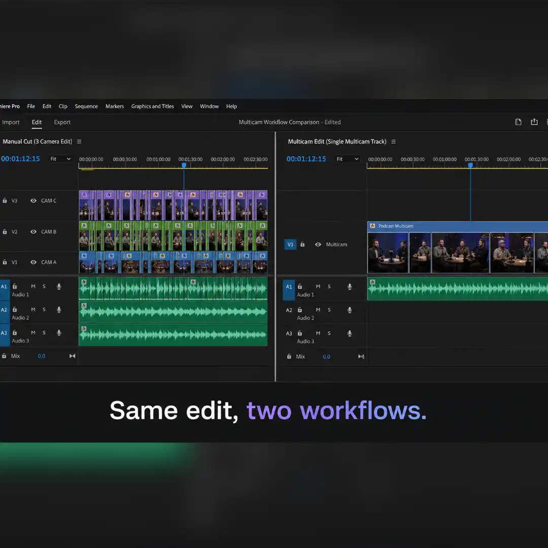 Side-by-side comparison of a multicam editing workflow in premiere pro