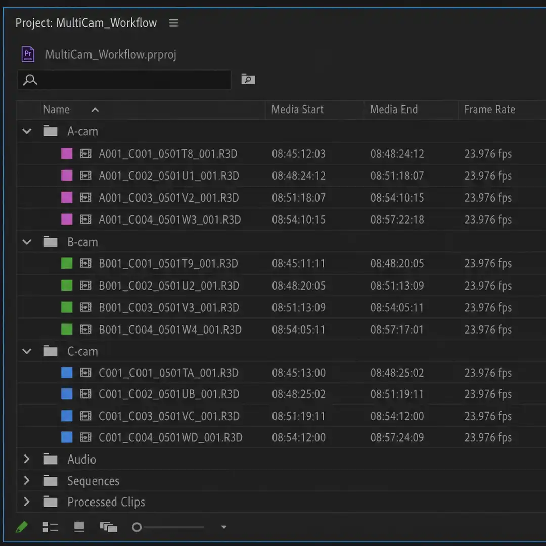 Screenshot of the Premiere Pro Project panel showing the recommended bin structure