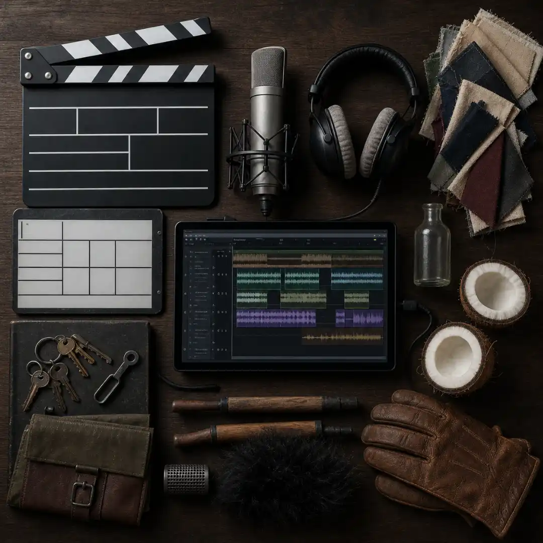 Cinematic audio production workspace flat-lay