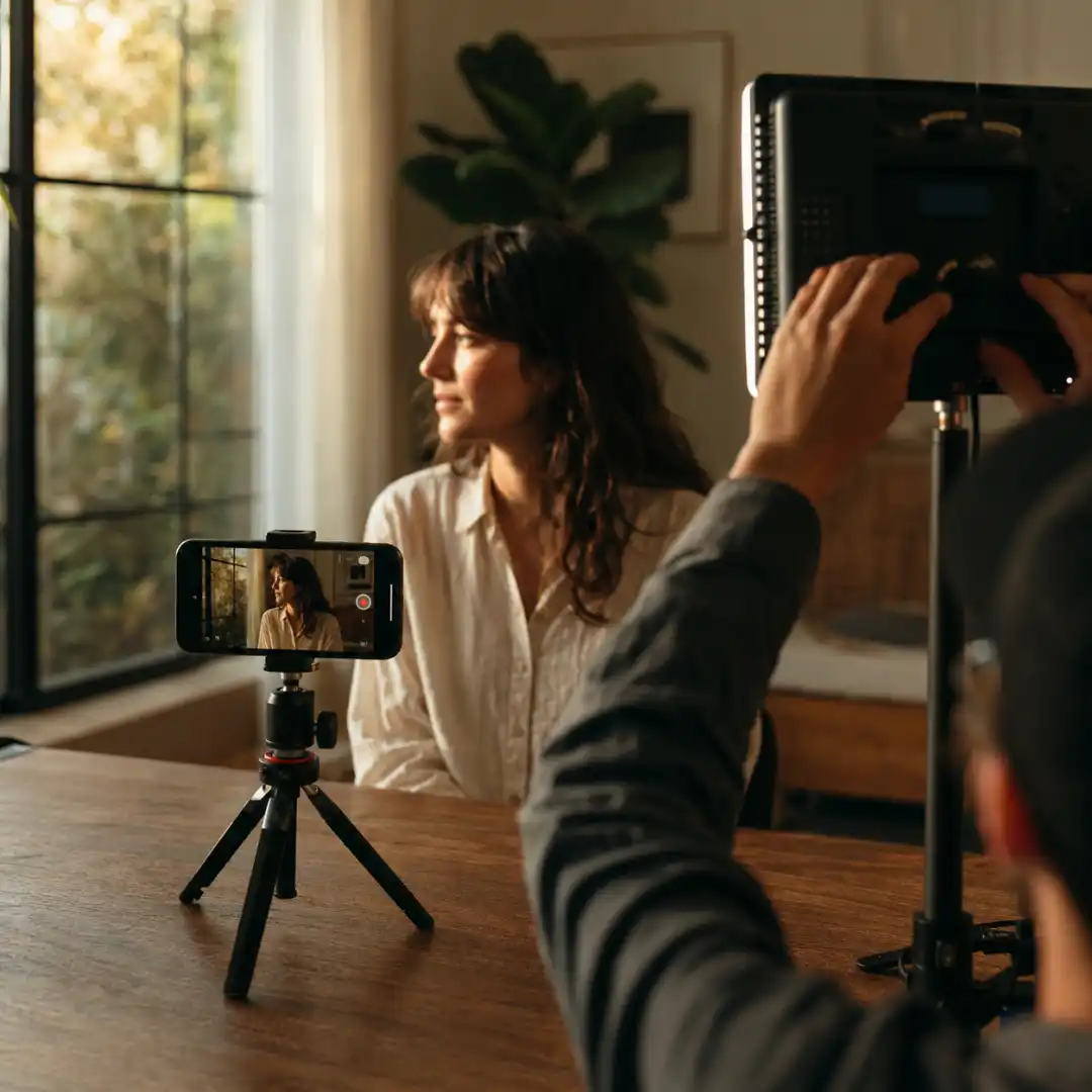 Filmmaker recording a smartphone interview on a tabletop tripod, using a large window for soft golden light and a white bounce card for fill, in a professional production setting with warm cinematic tones.