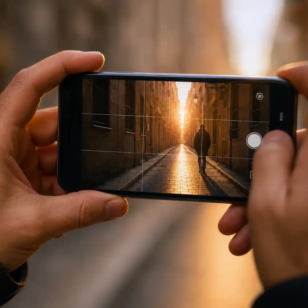 Close-up of a smartphone in landscape orientation displaying a cinematic sunset scene in an urban alley, using the rule of thirds and leading lines with a faint grid overlay on the screen