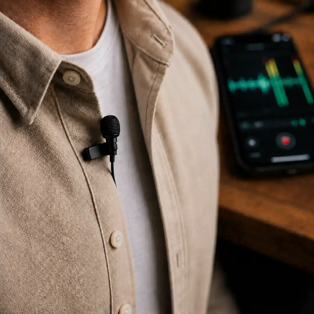 Close-up of a wireless lavalier microphone clipped to a collared shirt placket, with a smartphone displaying audio recording levels on a wooden desk in the soft-focus background