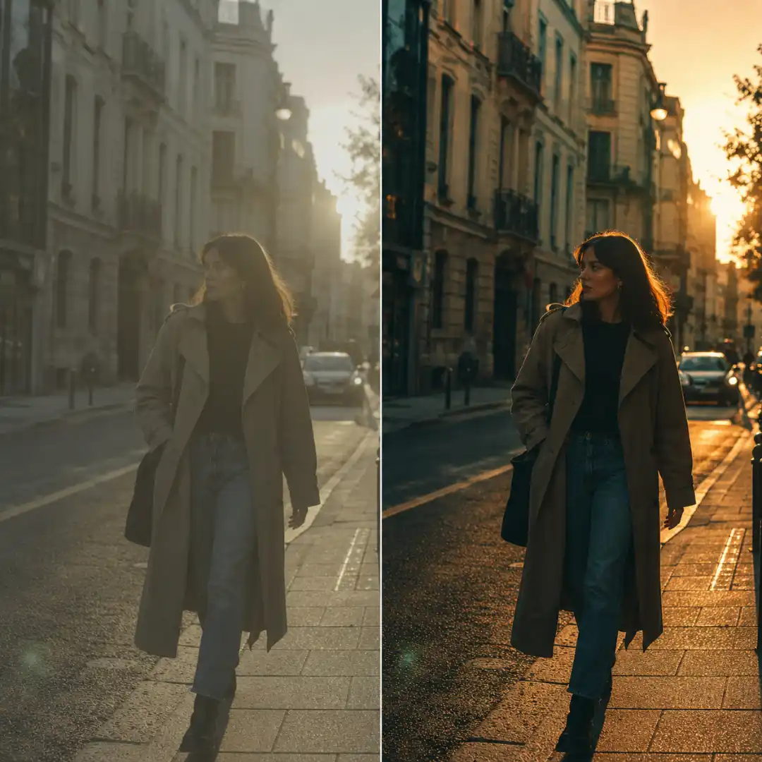 Comparison of an urban scene at golden hour that left side shows washed-out flat log footage, and right side shows a fully color-graded version with teal shadows and warm orange highlights
