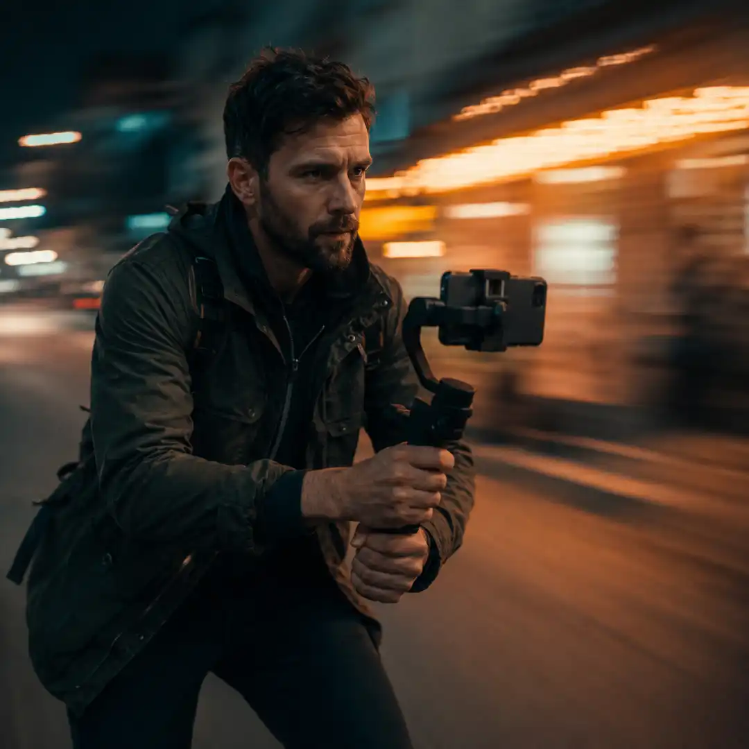 Filmmaker in muted clothing executing a smooth tracking shot with a smartphone on a handheld gimbal in an urban evening, featuring motion-blurred city lights and teal and orange streaks