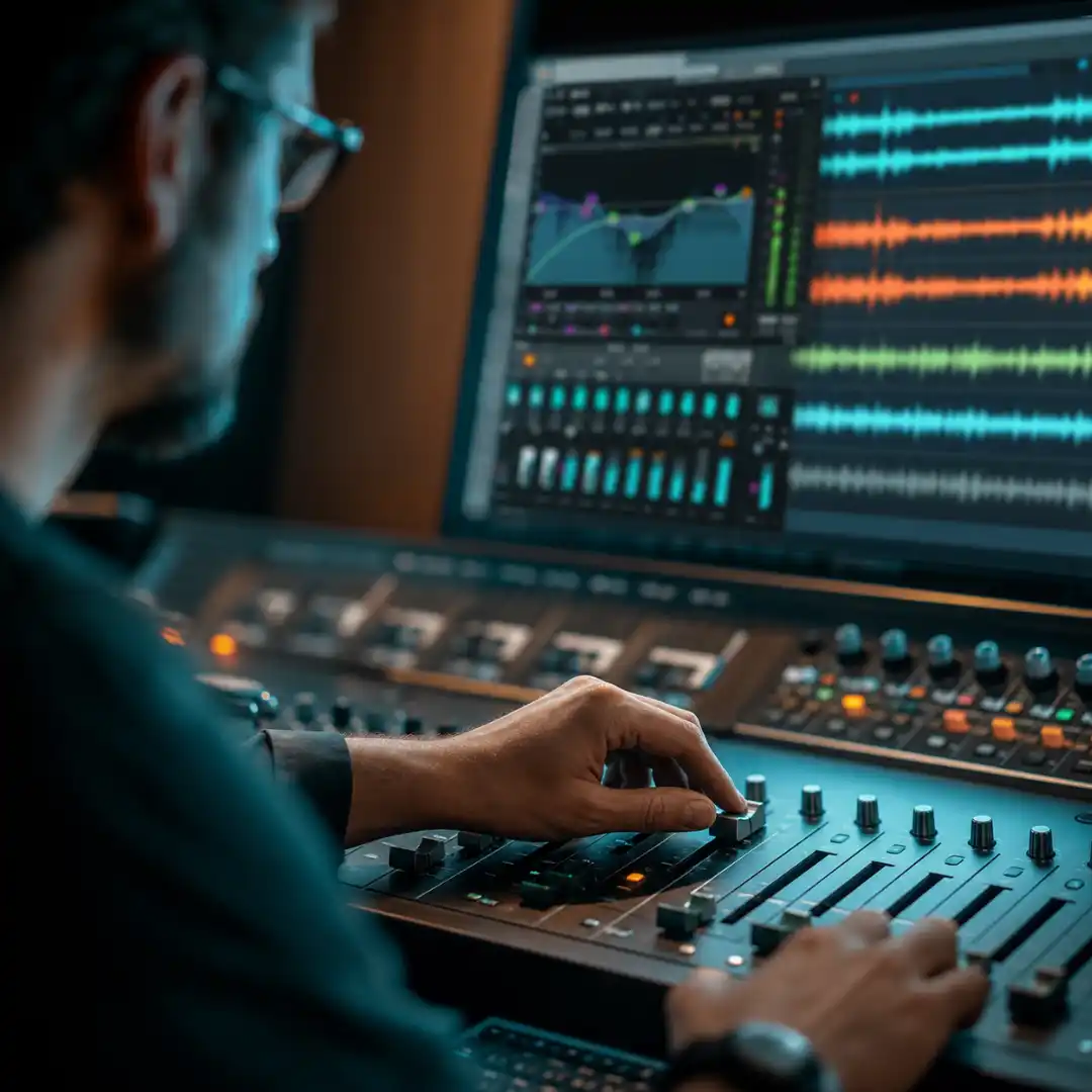 Focused on the mixing desk