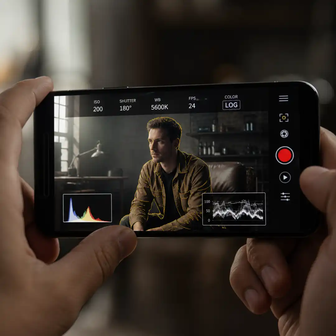 Macro close-up of a smartphone screen displaying a professional cinema app with ISO, shutter angle, and white balance settings, featuring a live waveform and focus peaking against a blurred background