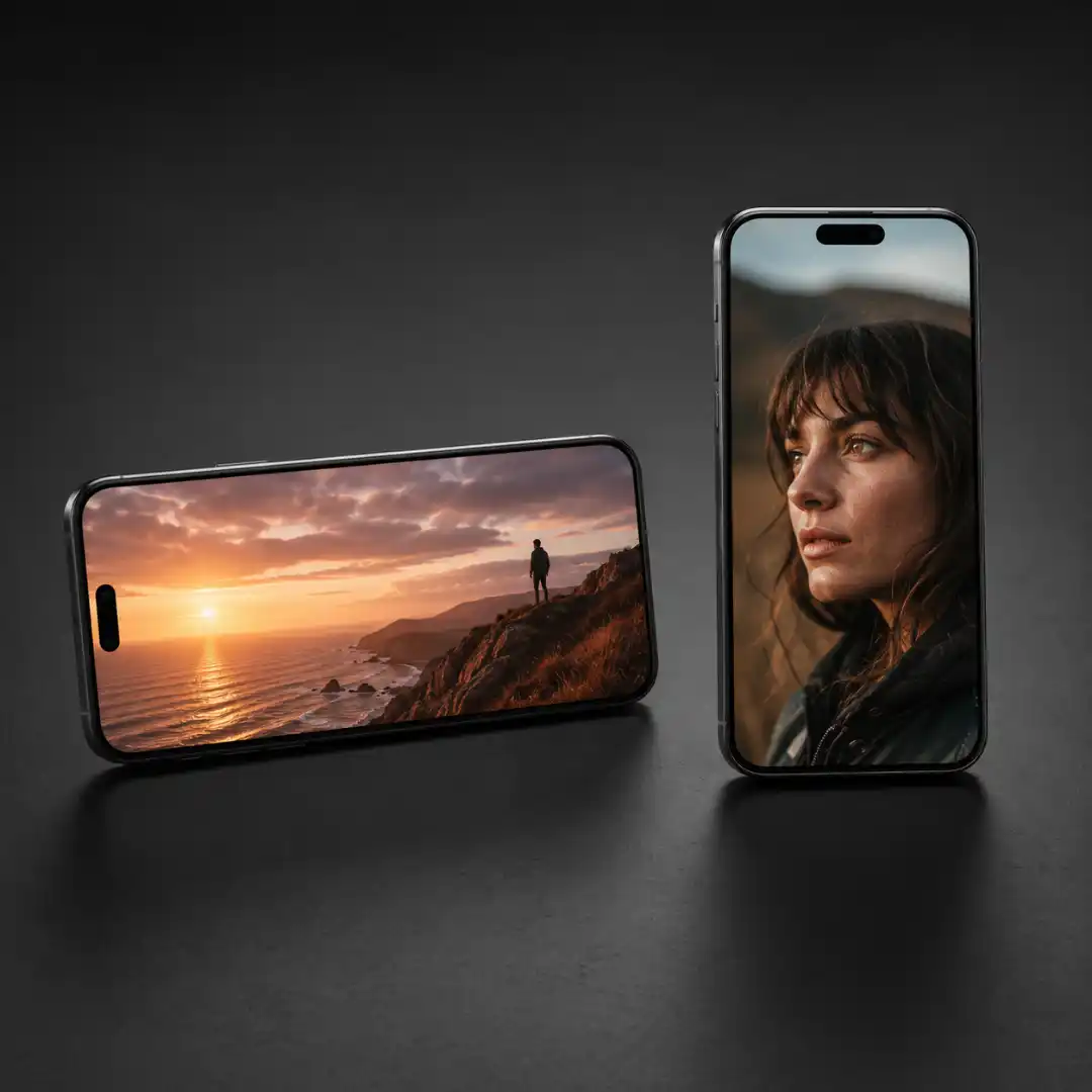 Two smartphones on a dark matte surface, the horizontal phone displays a cinematic coastal sunset, the vertical phone shows a close-up portrait