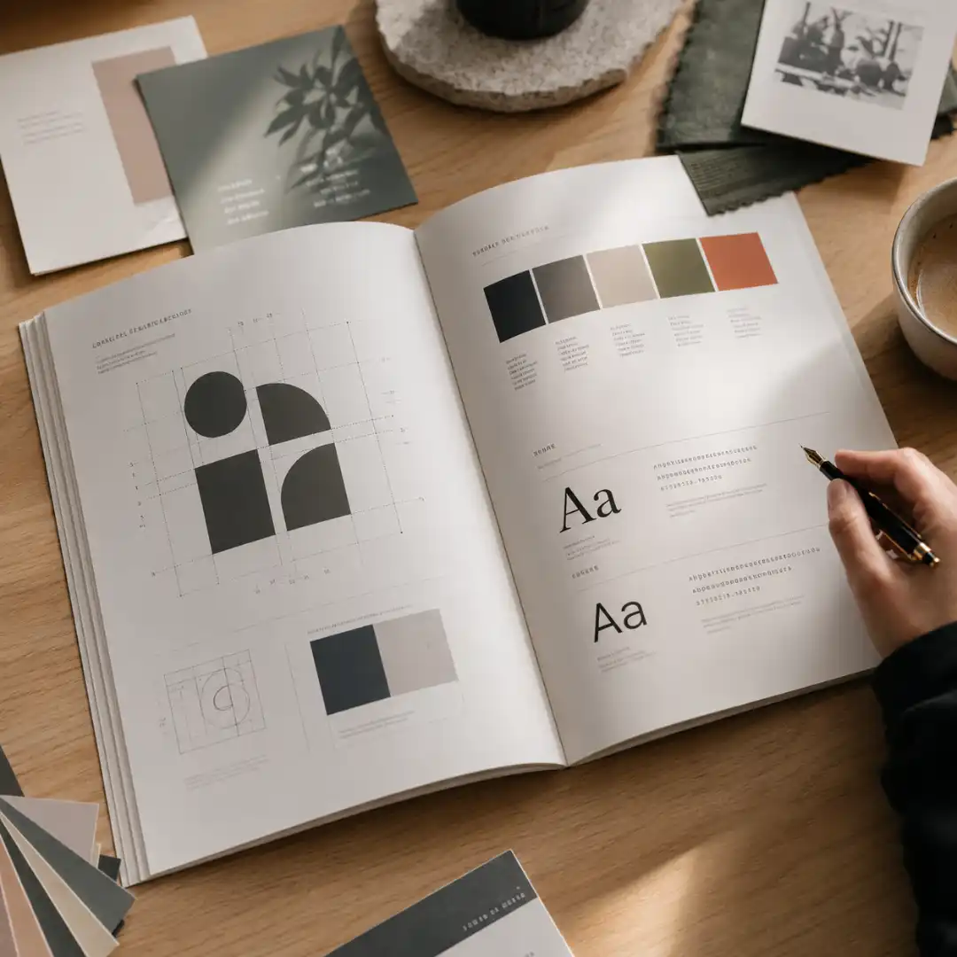 Open printed brand guideline booklet on a wooden desk showing logo grid, color palette and typography specimens