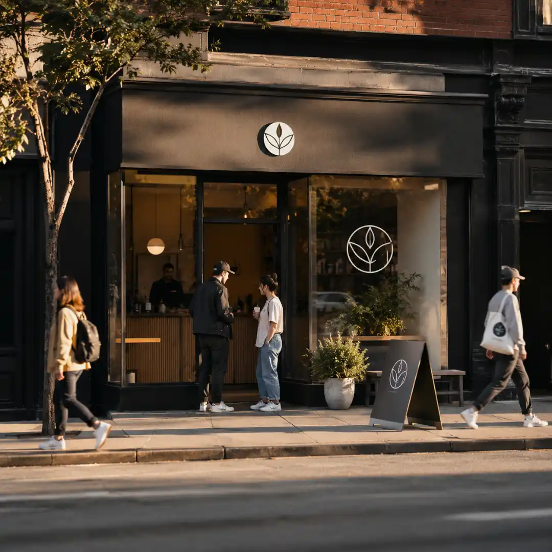 Modern specialty coffee shop storefront with branded sign, sandwich board and window decal on a sunny street