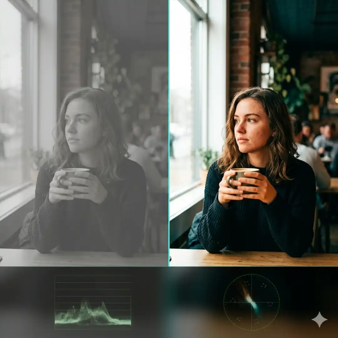 Before and after comparison of ungraded log footage and AI color graded footage