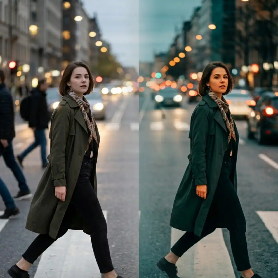 Side by side comparison of AI balanced Rec.709 base and final cinematic LUT graded frame