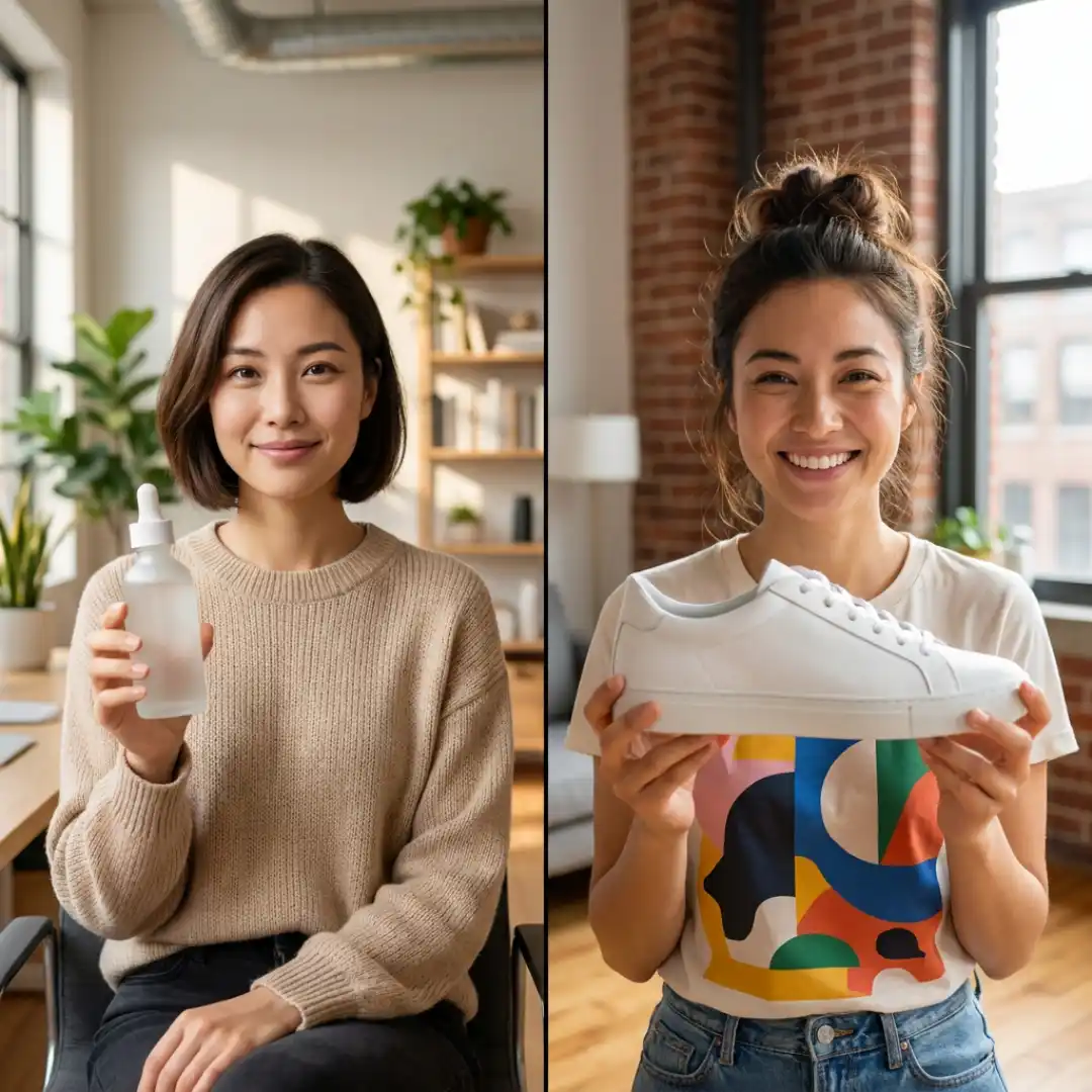 AI avatar presenting two different products in two different small business marketing styles