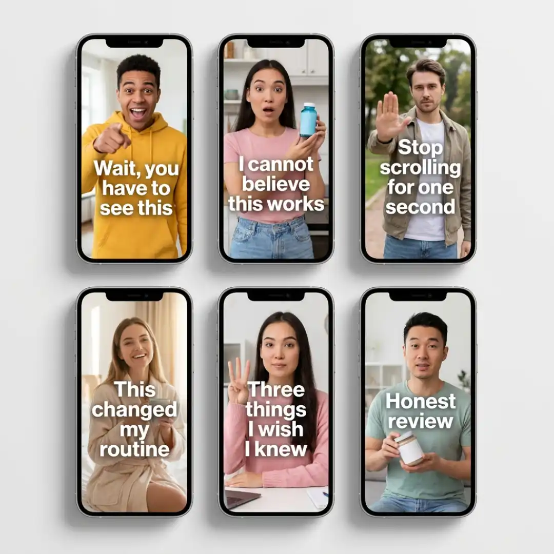 Six AI generated UGC video hook variations displayed on smartphone screens for ad testing