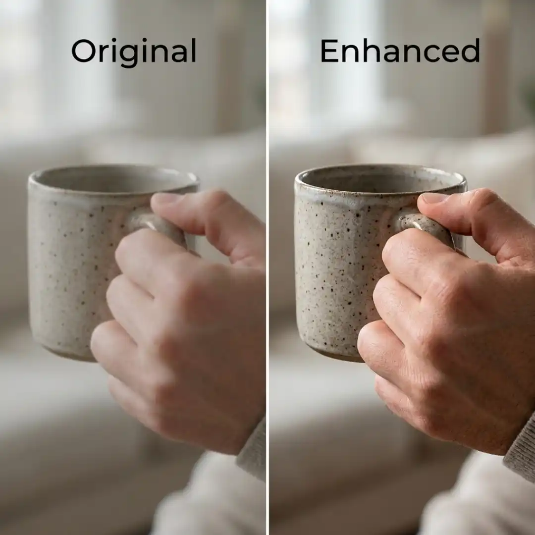 AI video enhancer comparison showing a low resolution product clip upscaled to high resolution