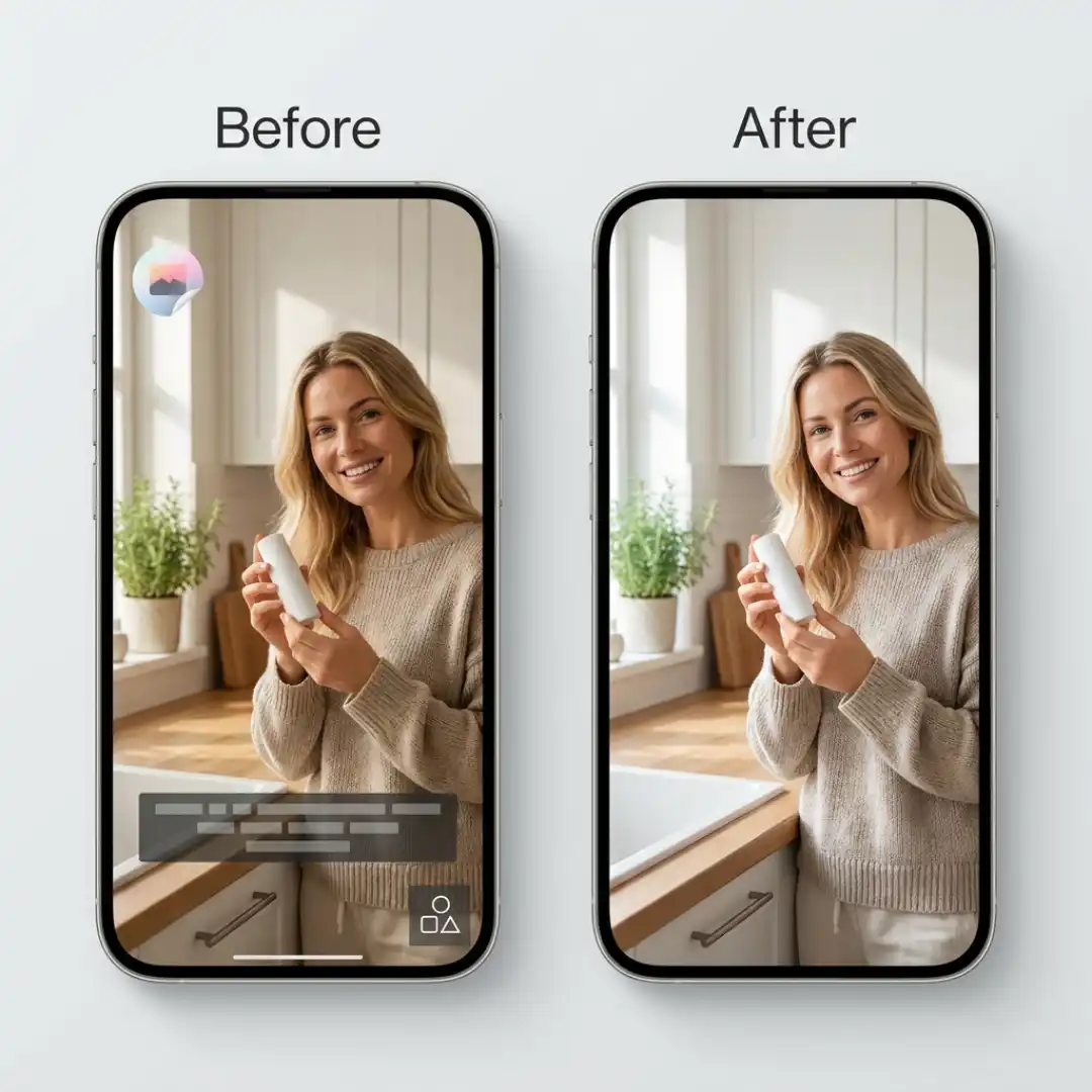 Before and after comparison of a UGC video with watermarks, subtitles, and logos removed cleanly