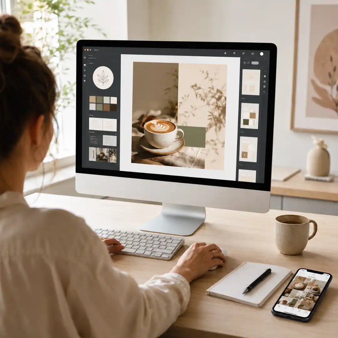 Designer working at an iMac with an AI design dashboard showing brand assets and a generated social post for a coffee brand