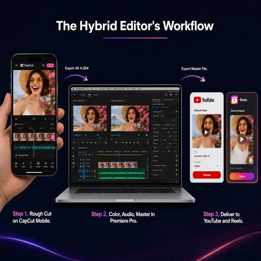 Hybrid video editing workflow from CapCut Mobile to Adobe Premiere Pro to final delivery