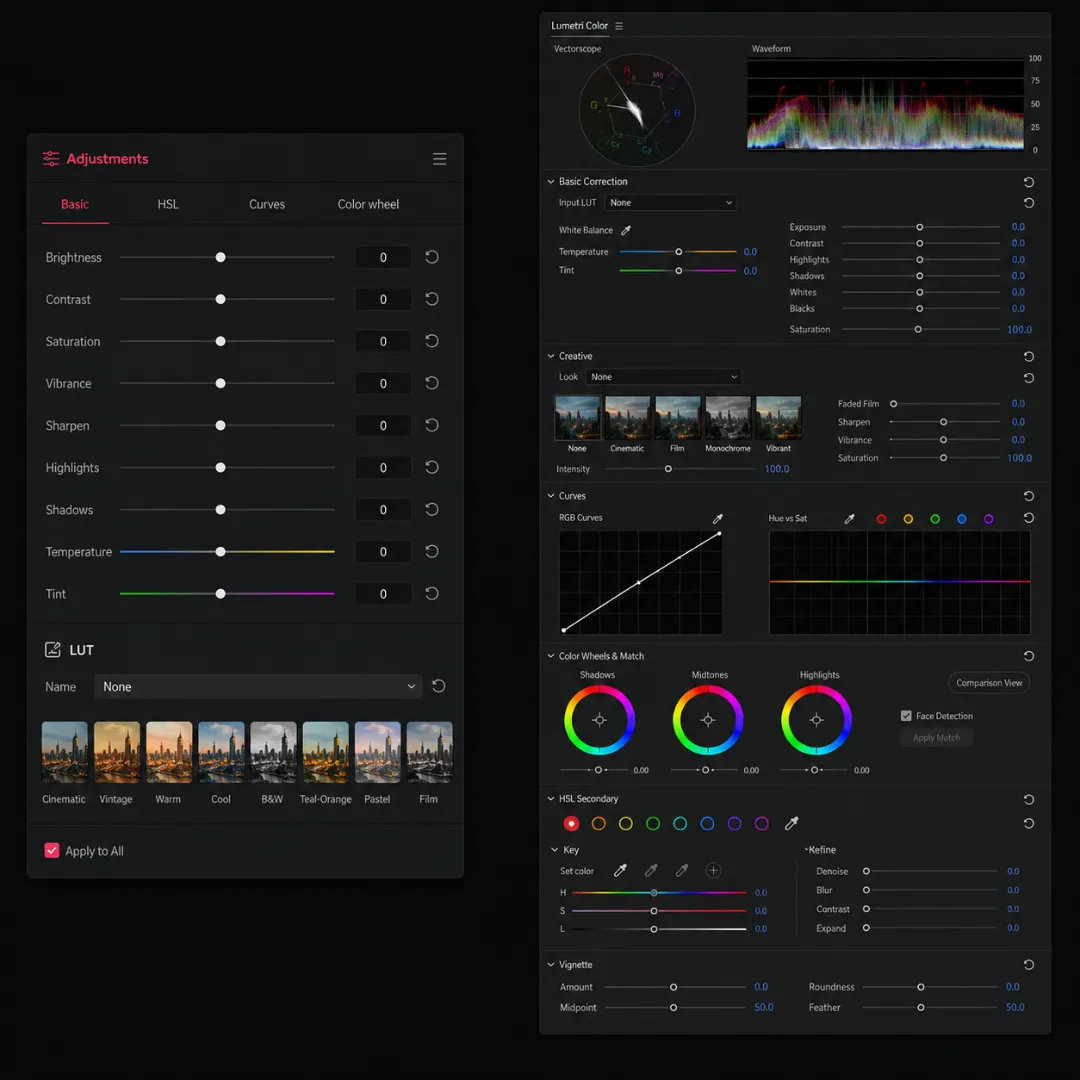 CapCut color panel and Adobe Premiere Pro Lumetri Color panel side by side
