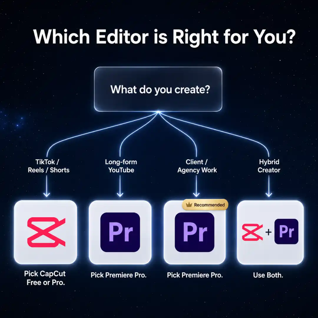 Decision tree infographic showing which video editor to pick based on creator type
