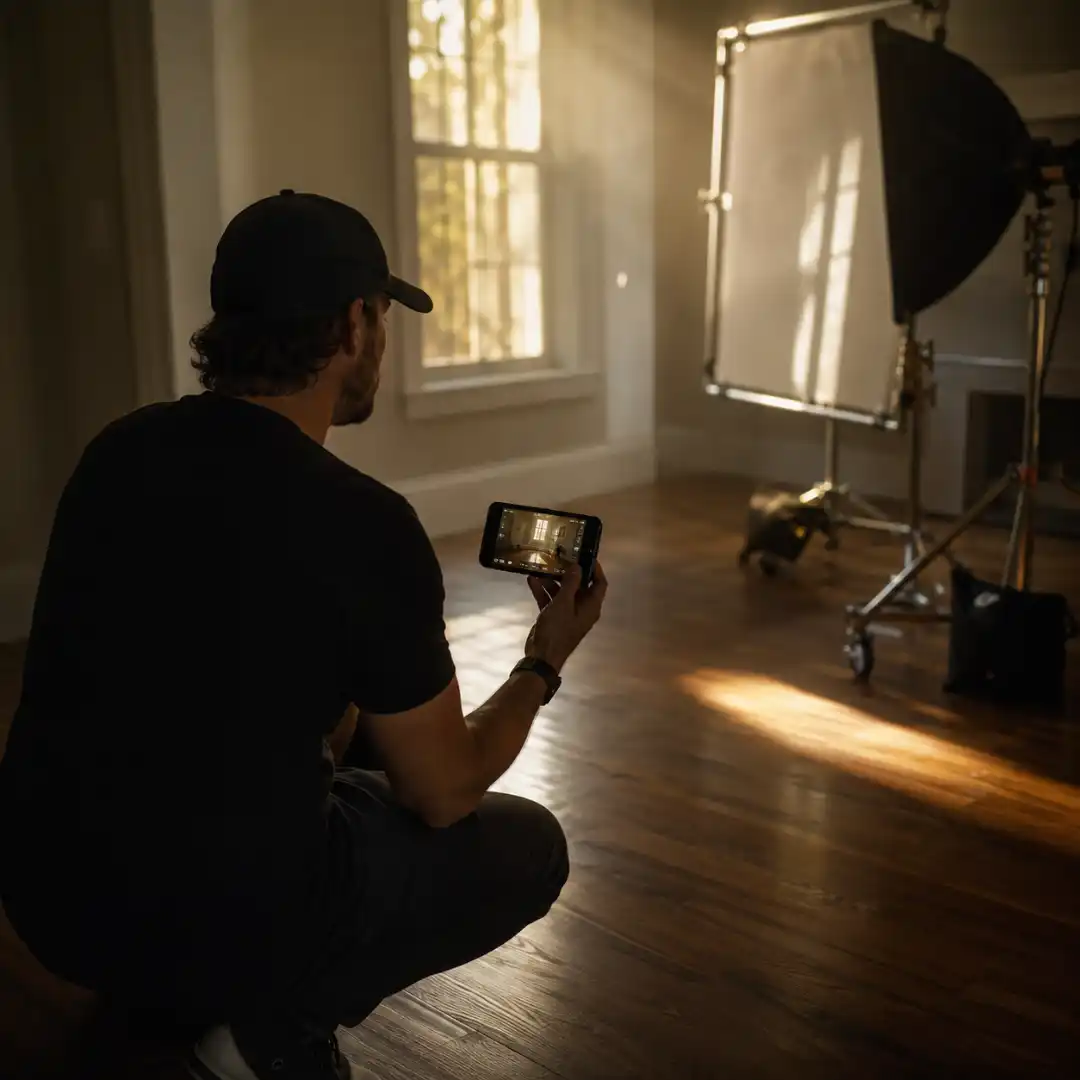 Cinematographer planning a shot on location with a phone viewfinder app, light stands and softbox visible in the background.