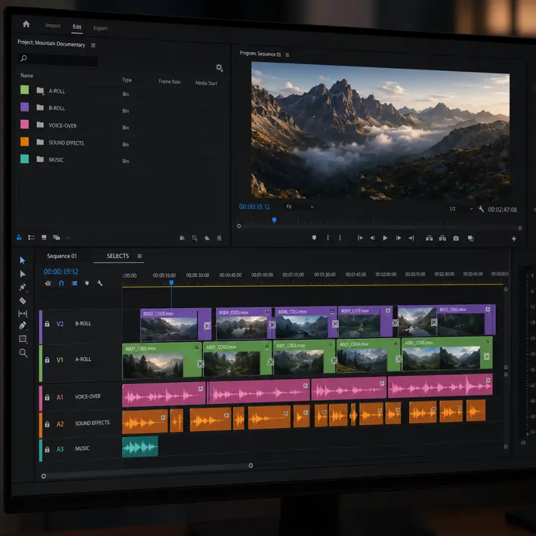 A Premiere Pro timeline with color-coded A-roll, B-roll, voice-over, and sound effects clips for fast organization.