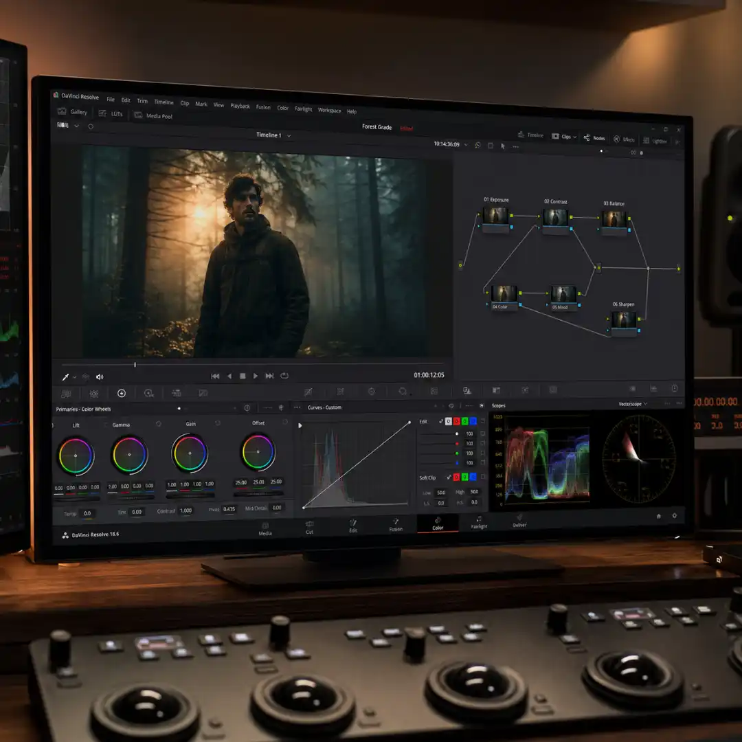 DaVinci Resolve Color page showing a cinematic portrait grade with multiple nodes, color wheels, and scopes.