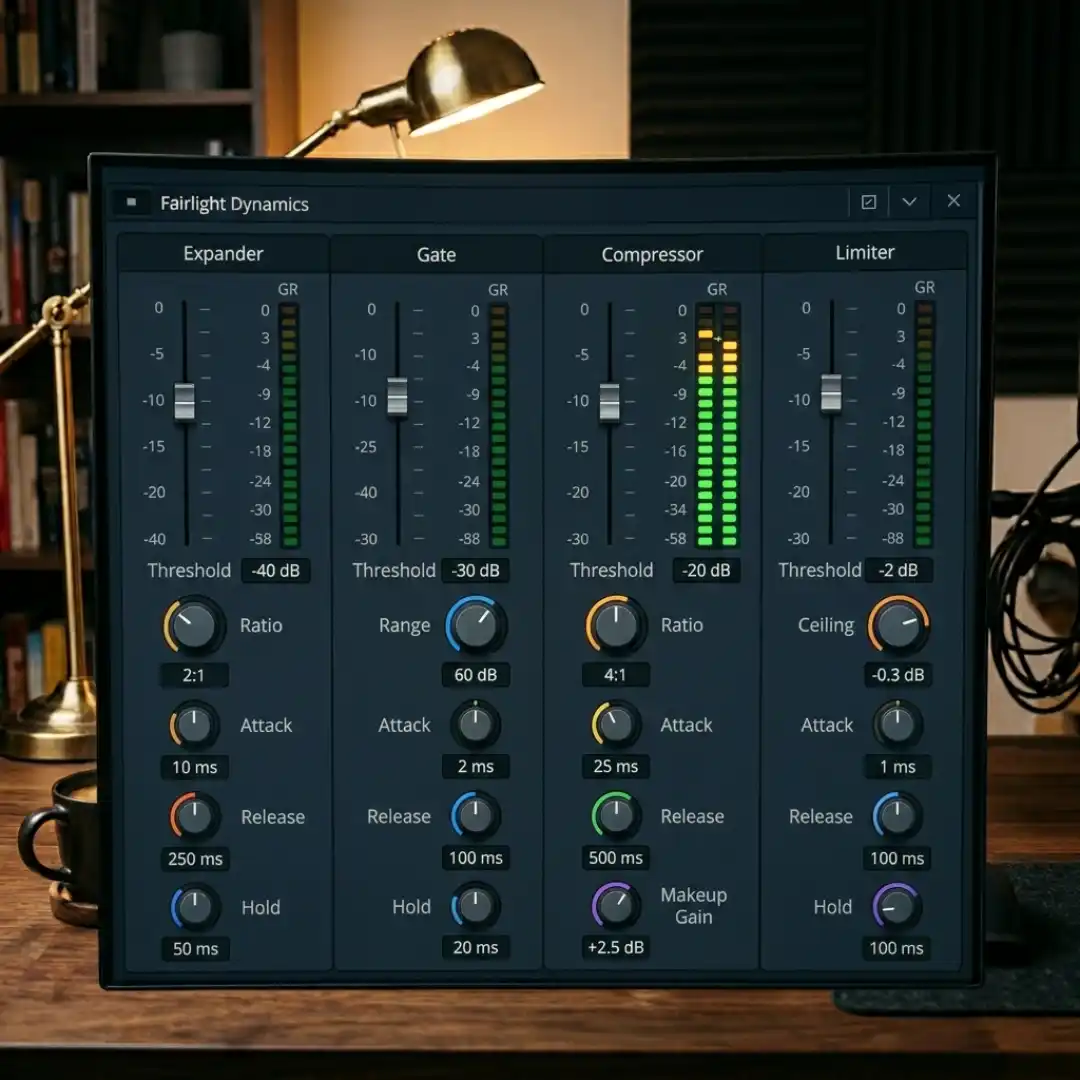 Fairlight Dynamics panel showing expander, gate, compressor, and limiter processors with active gain reduction
