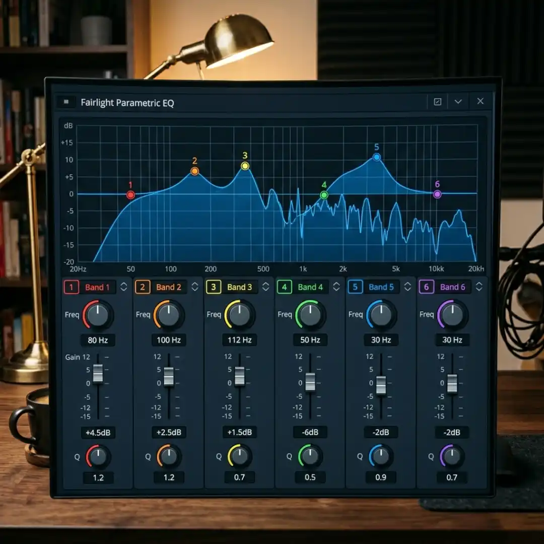 DaVinci Resolve Fairlight six-band parametric EQ interface with adjusted curve for dialogue cleanup