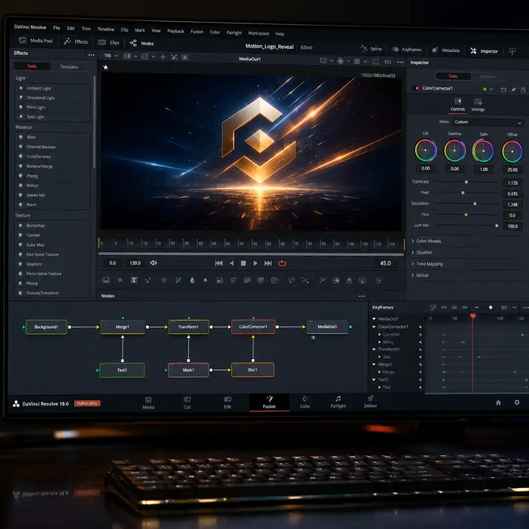 DaVinci Resolve Fusion page node graph and viewer showing a clean compositing setup for a logo reveal.