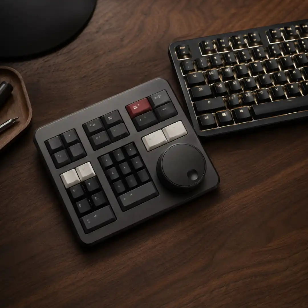 The DaVinci Resolve Speed Editor controller next to a backlit mechanical keyboard on a dark wooden desk.