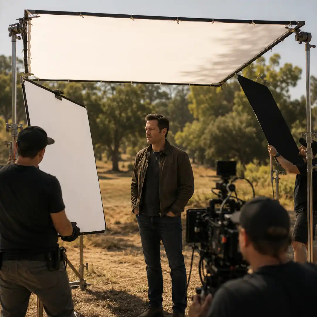 Film crew shooting outdoors with a 12x12 silk diffusion frame softening harsh sunlight on the actor.