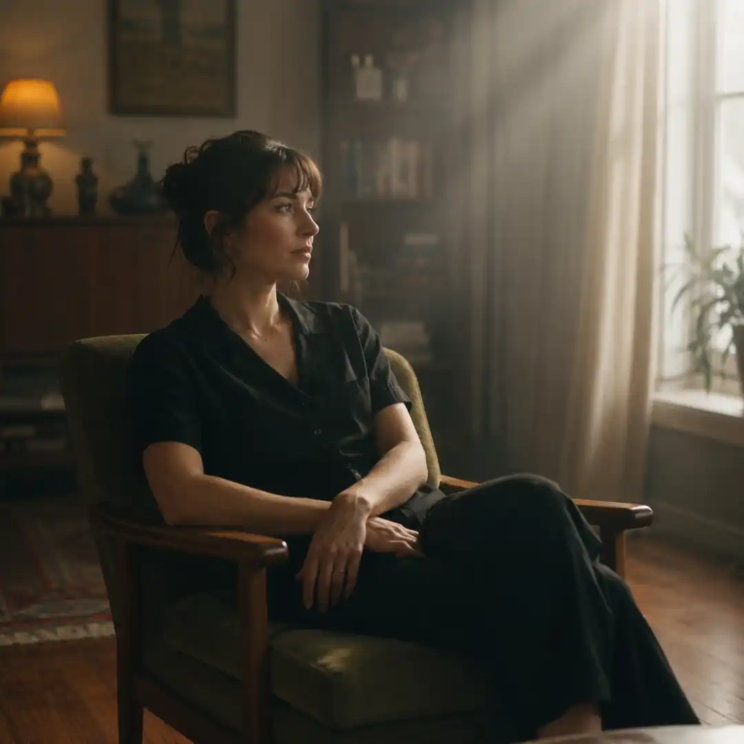 Cinematic daytime interior scene with a woman lit by soft window key light and a practical lamp providing accent.
