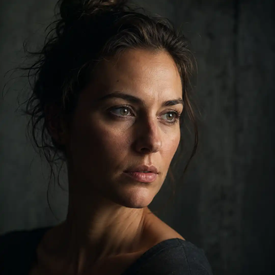 Cinematic portrait demonstrating far-side key (upstage) lighting with classic Rembrandt triangle shadow under the eye.