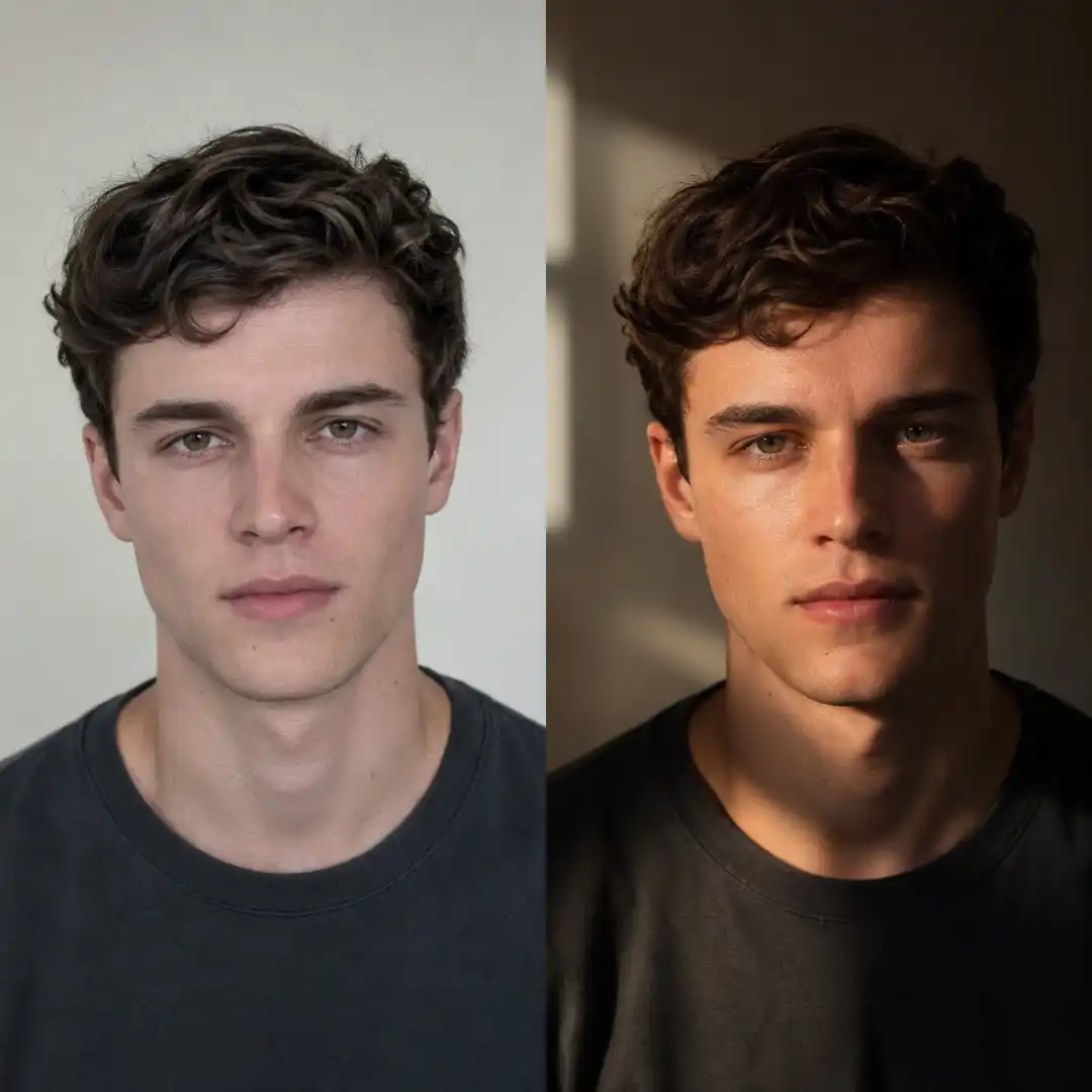 Side-by-side comparison of flat amateur lighting versus cinematic motivated lighting on the same subject.
