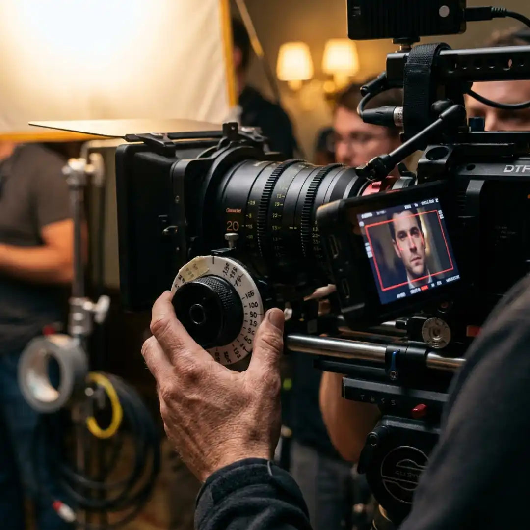 Camera operator pulling focus manually on a cinema lens with focus peaking visible on a monitor