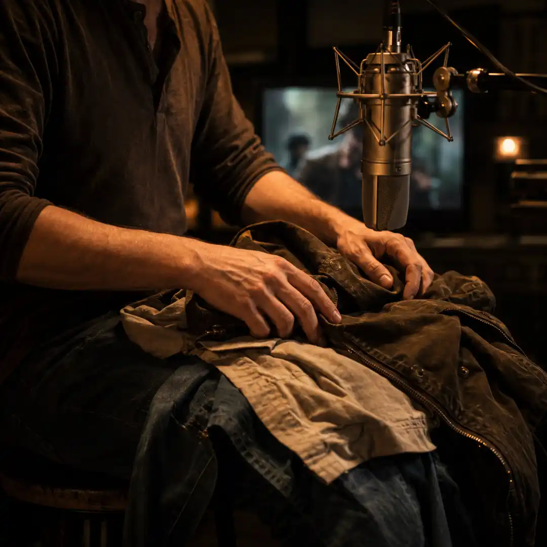 A foley artist manipulating layered denim, cotton, and waxed jacket fabrics in front of a condenser microphone to record cloth movement.