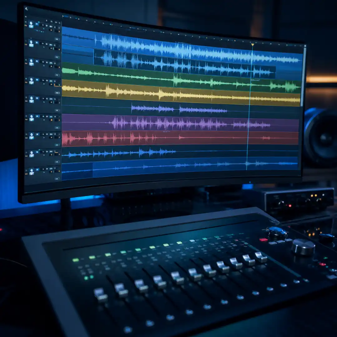 A digital audio workstation timeline showing color-coded layered foley tracks for footsteps, cloth, and prop sounds.