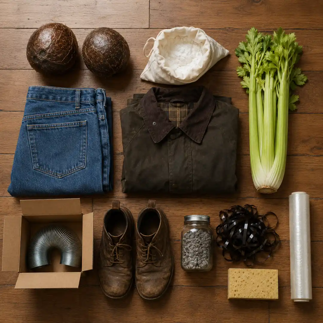 Flat-lay of household items used as foley props, including coconut shells, celery, a Slinky in a box, cornstarch, and leather boots.