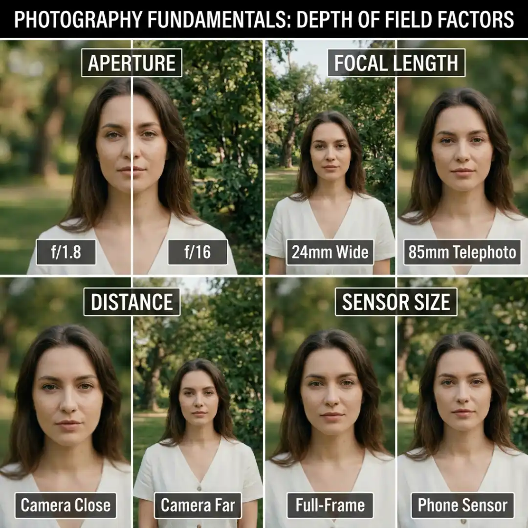 Four panel comparison of the factors that control depth of field: aperture, focal length, distance, and sensor size