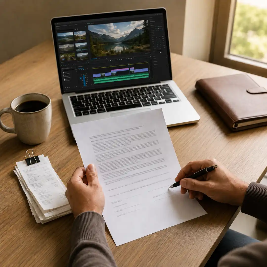 Freelance video editor reviewing business setup paperwork including contracts.