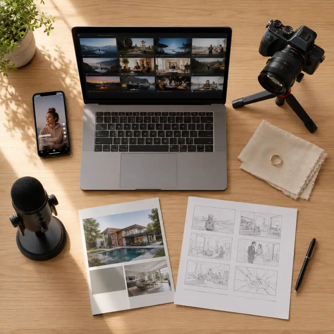 Top-down flat lay showing different freelance video editing niches including YouTube, short-form social, weddings, real estate, and podcasts.