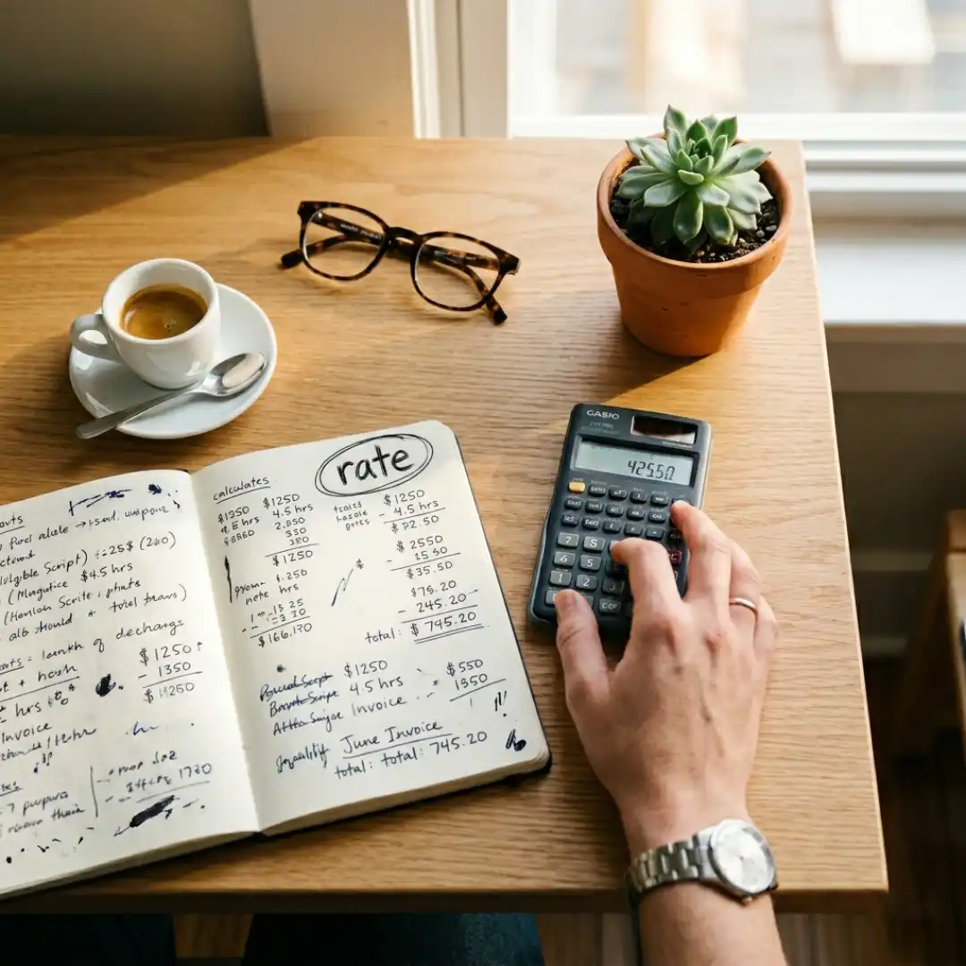 Hand holding a calculator next to a notebook with rate calculations written on it