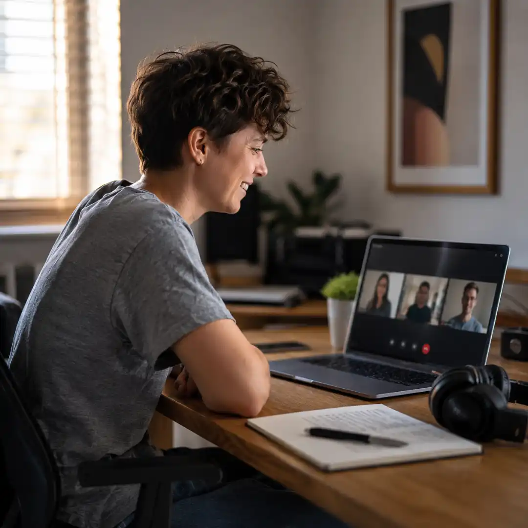 Freelance video editor on a video call with a client from a home office workstation.